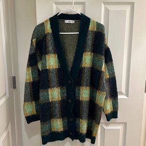 Oversized button front cardigan in green plaid